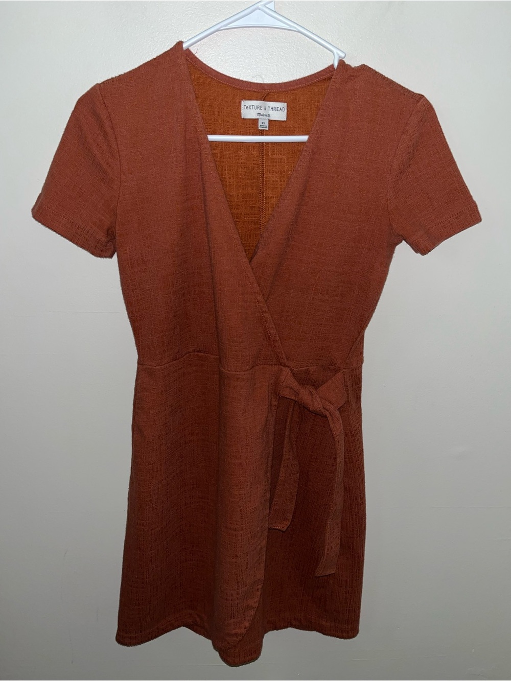 Madewell Dress Burnt Orange Brown Faux Wrap Side Tie Textured Size XS EUC Summer